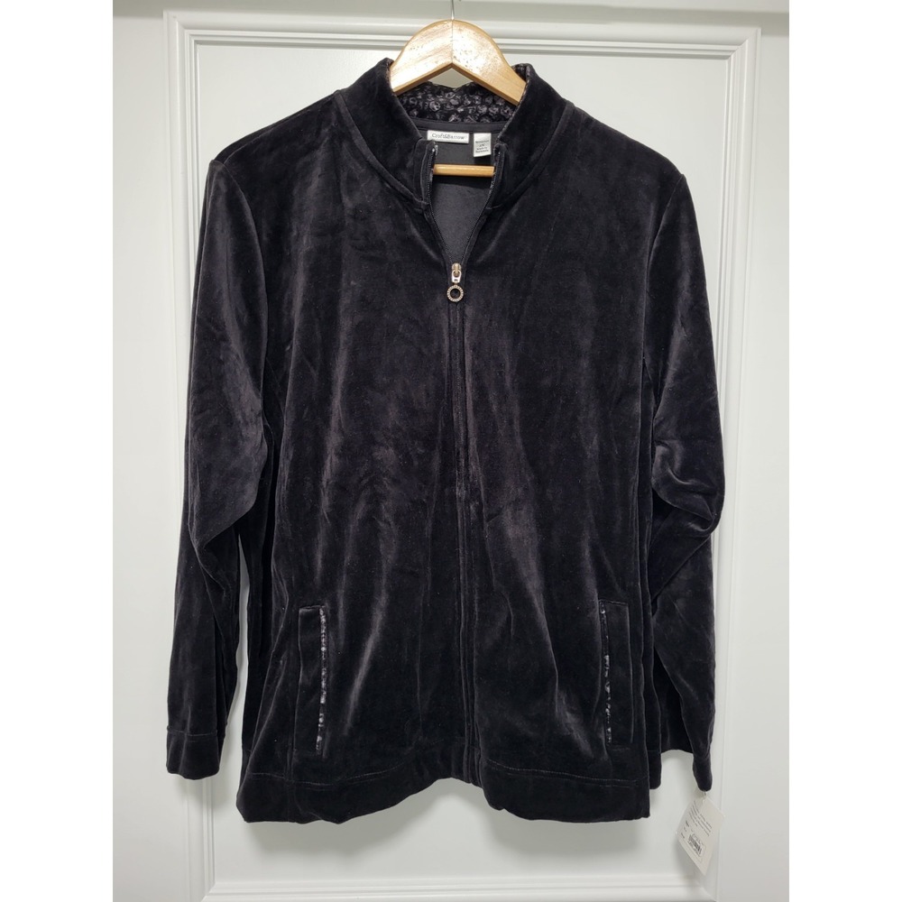 New Black Velour Full Zip Jacket Pockets Croft And Barrow Sz 2X